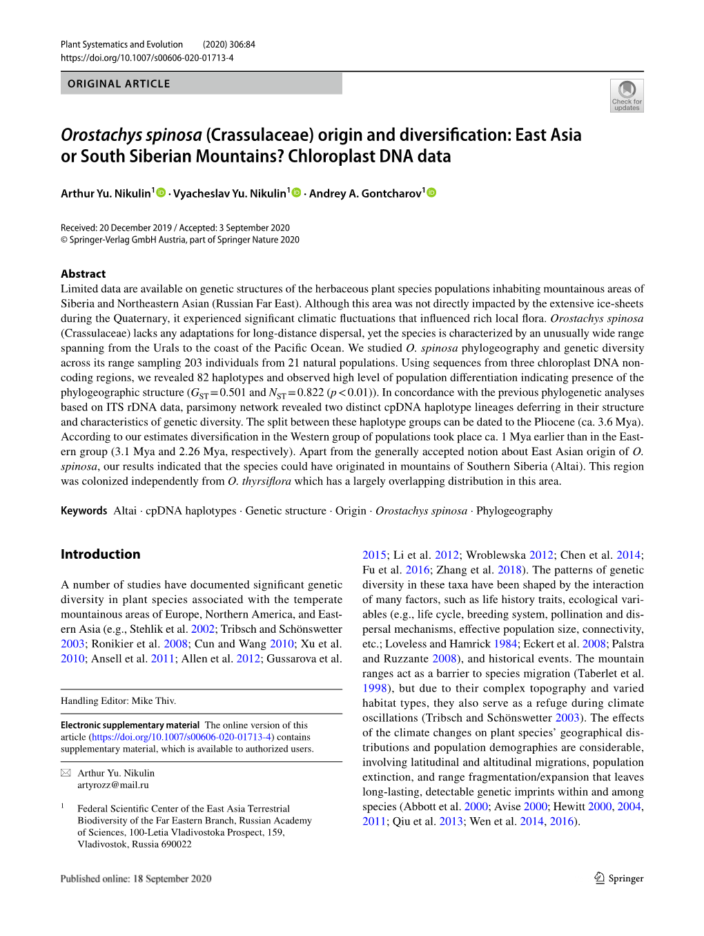 Orostachys Spinosa (Crassulaceae) Origin and Diversification: East Asia