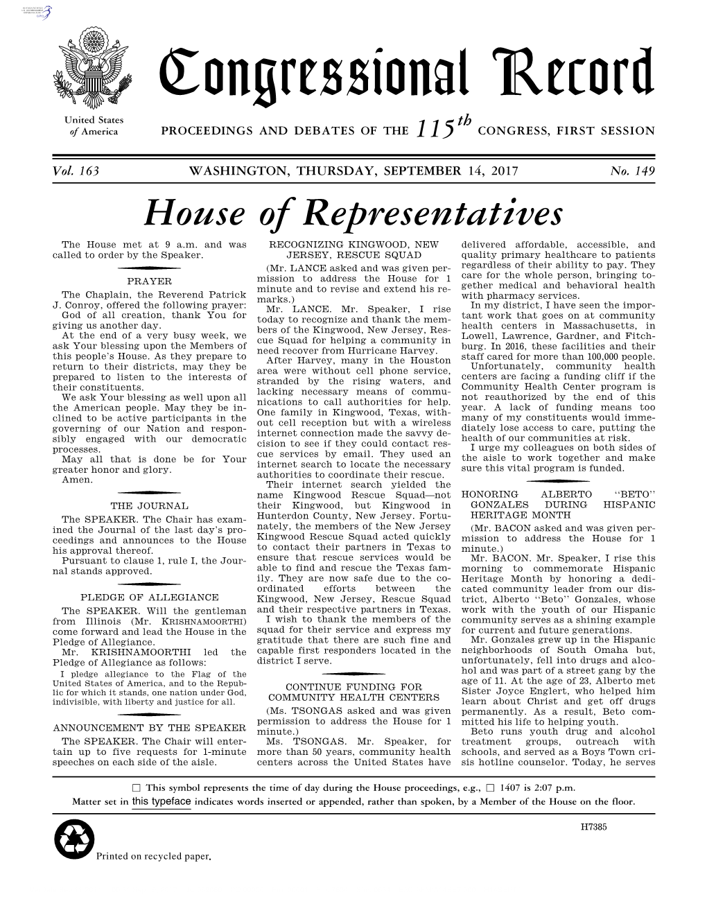 Congressional Record United States Th of America PROCEEDINGS and DEBATES of the 115 CONGRESS, FIRST SESSION