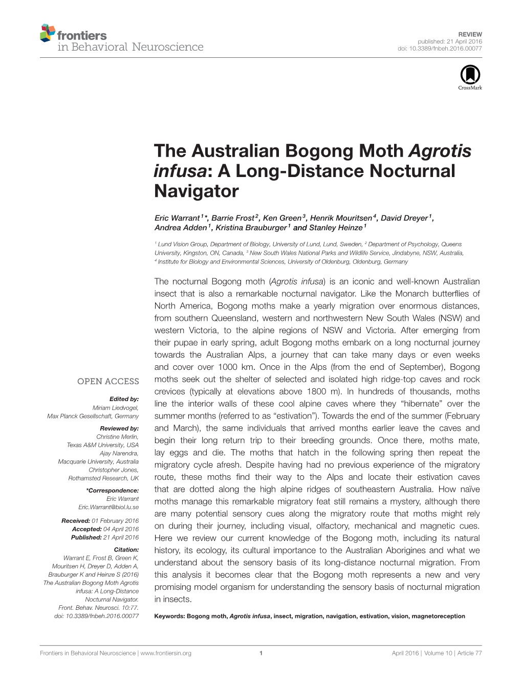 The Australian Bogong Moth Agrotis Infusa: a Long-Distance Nocturnal Navigator