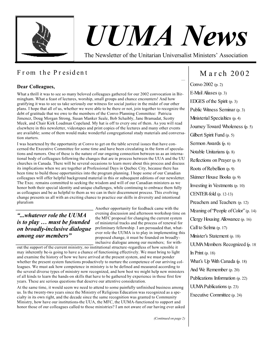 UUMA News the Newsletter of the Unitarian Universalist Ministers’ Association