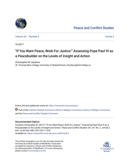 “If You Want Peace, Work for Justice:” Assessing Pope Paul VI As a Peacebuilder on the Levels of Insight and Action