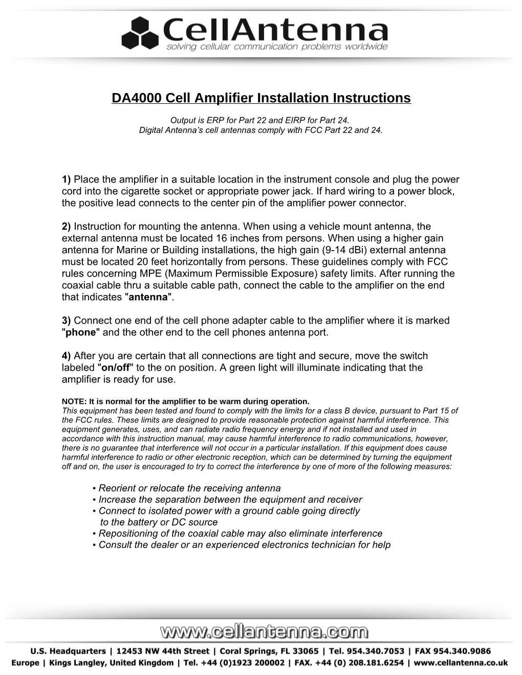 DA4000 Cell Amplifier Installation Instructions