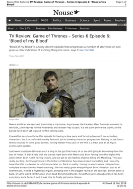 TV Review: Game of Thrones – Series 6 Episode 6: 'Blood of My Blood
