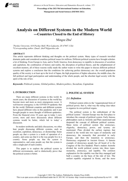 Analysis on Different Systems in the Modern World ---Countries Closed to the End of History Mingze Zhu1