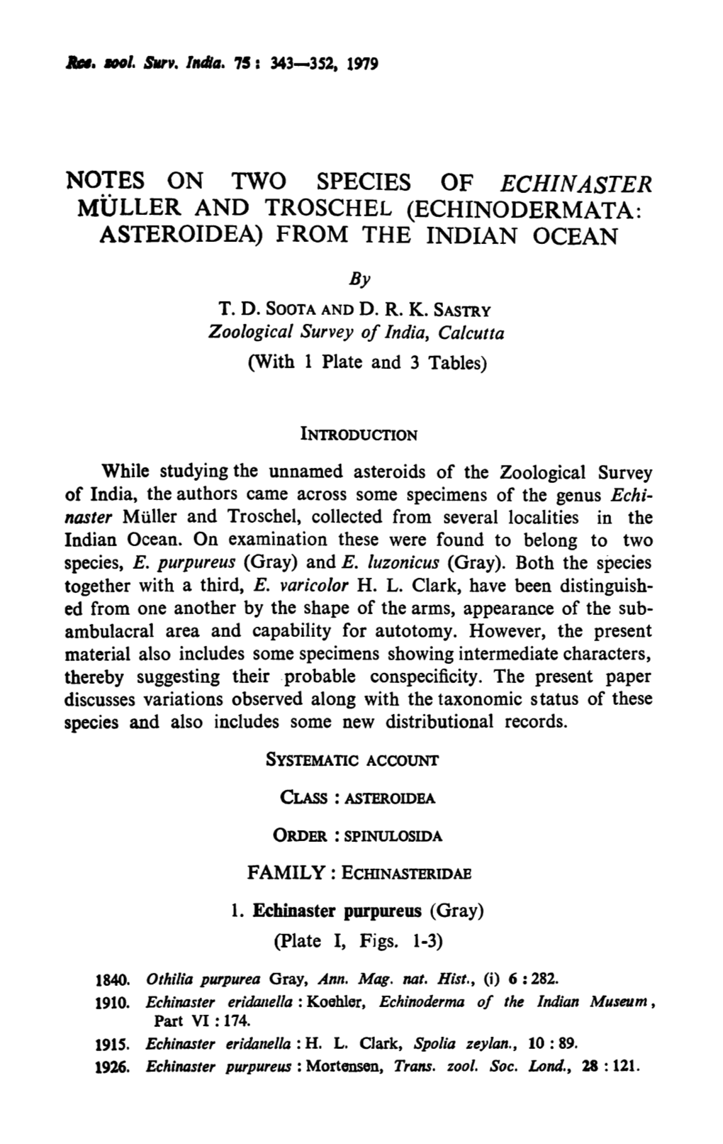 Notes on Two Species of Echinaster Muller and Troschel (Echinodermata: Asteroidea) from the Indian Ocean