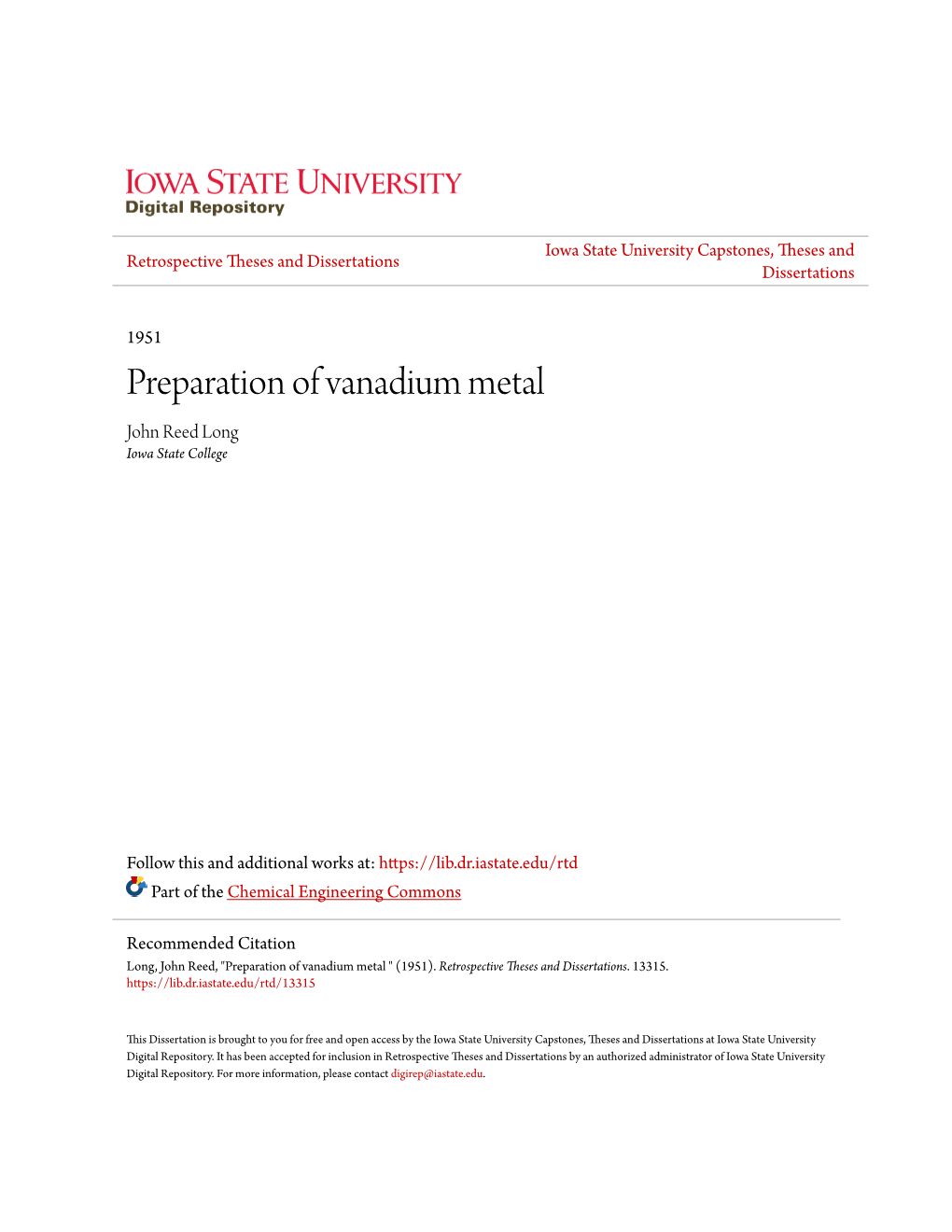 Preparation of Vanadium Metal John Reed Long Iowa State College