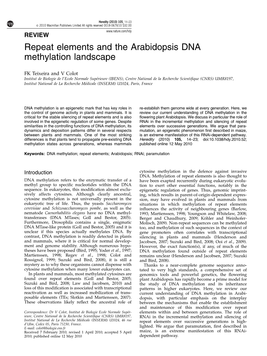 Repeat Elements and the Arabidopsis DNA Methylation Landscape