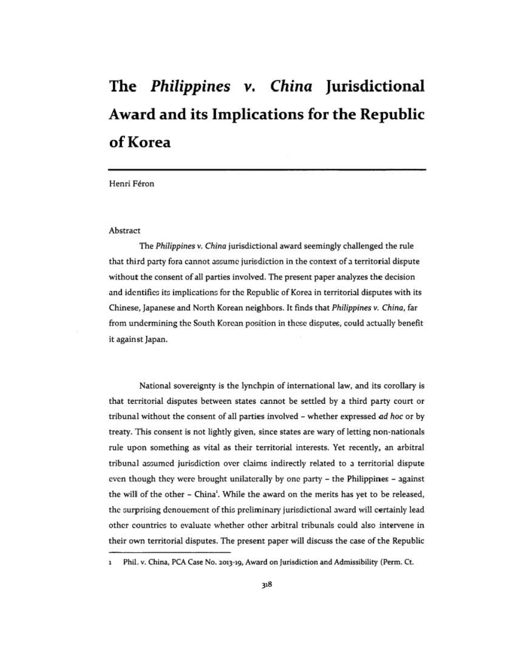 The· Philippines V. China Jurisdictional Award and Its Implications for the Republic of Korea