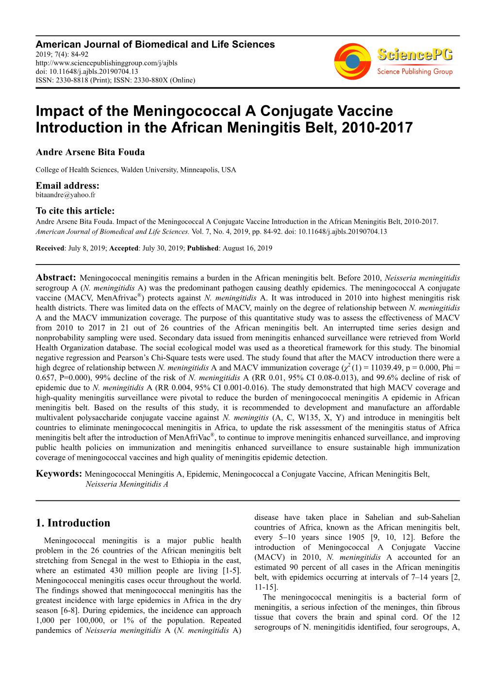 Impact of the Meningococcal a Conjugate Vaccine Introduction in the African Meningitis Belt, 2010-2017