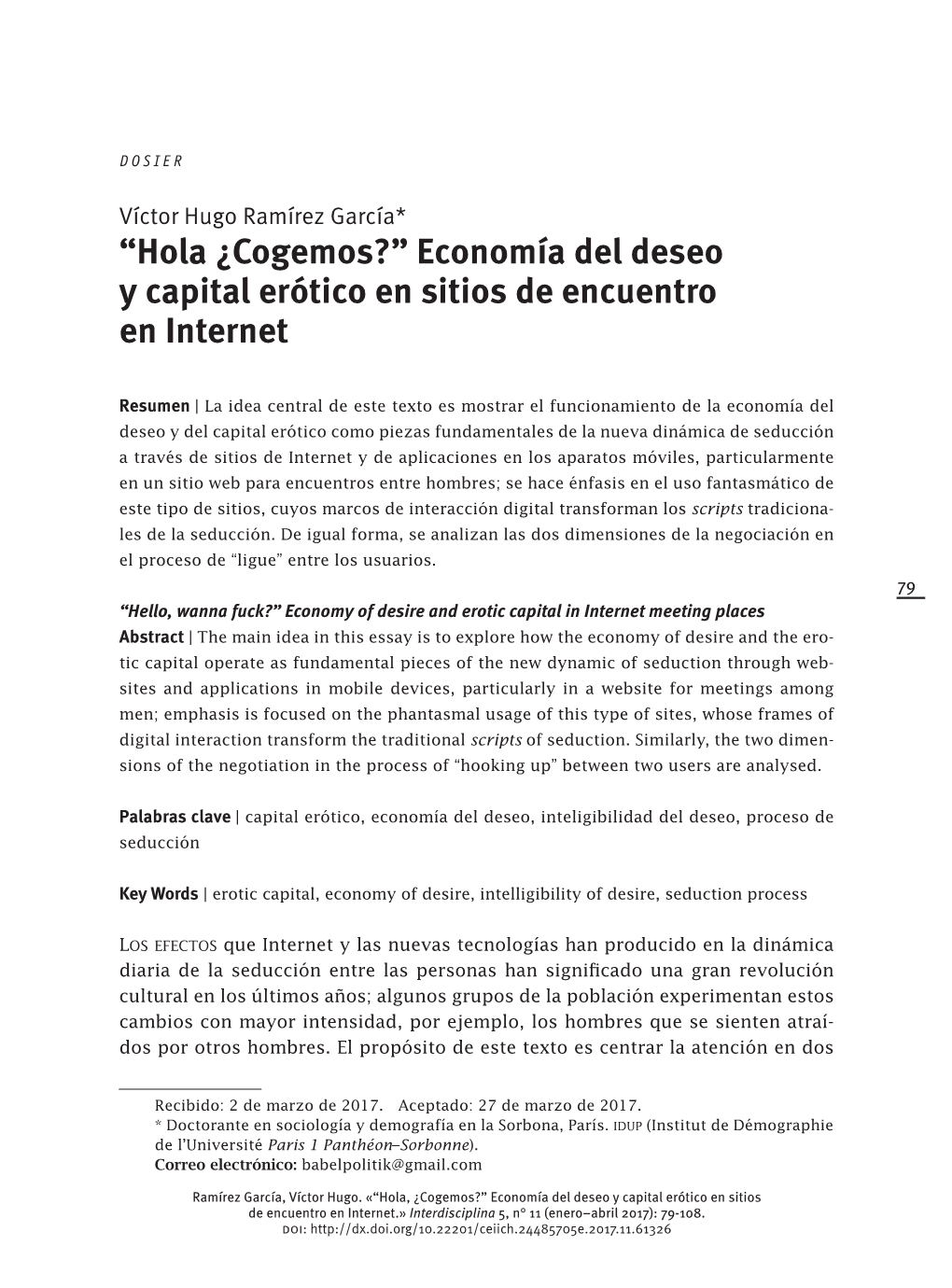 Economía Del Deseo Y Capital Erótico En Sitios De Encuentro En Internet