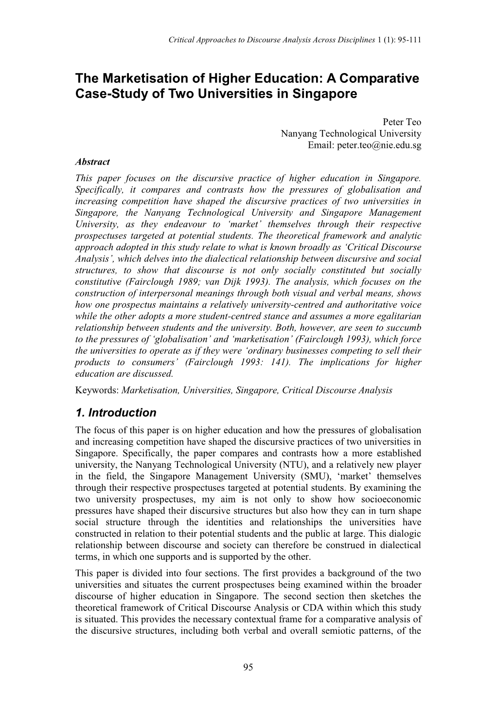 The Marketisation of Higher Education: a Comparative Case-Study of Two Universities in Singapore