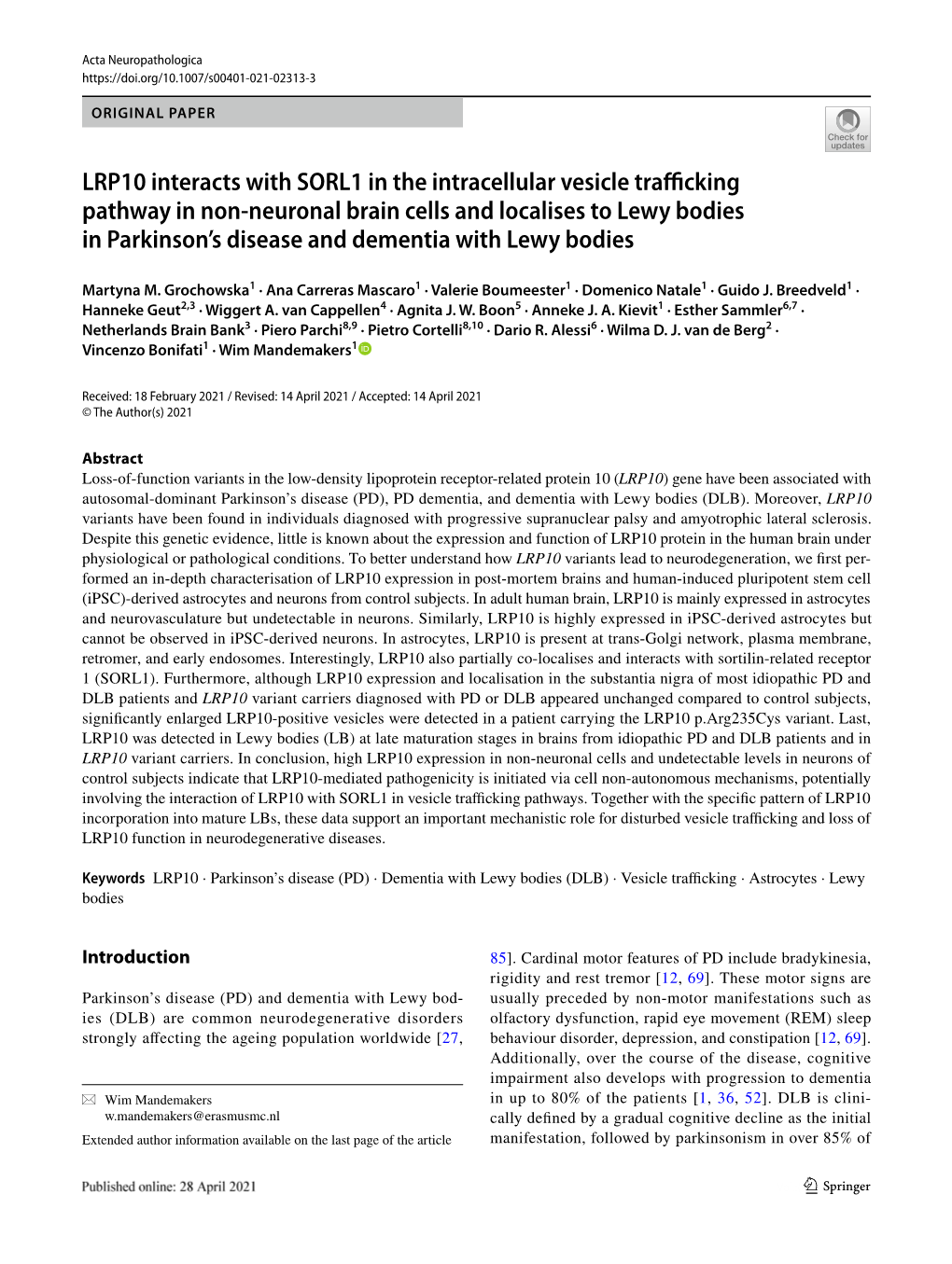 LRP10 Interacts with SORL1 in the Intracellular Vesicle Trafficking Pathway in Non-Neuronal Brain Cells and Localises to Lewy Bo
