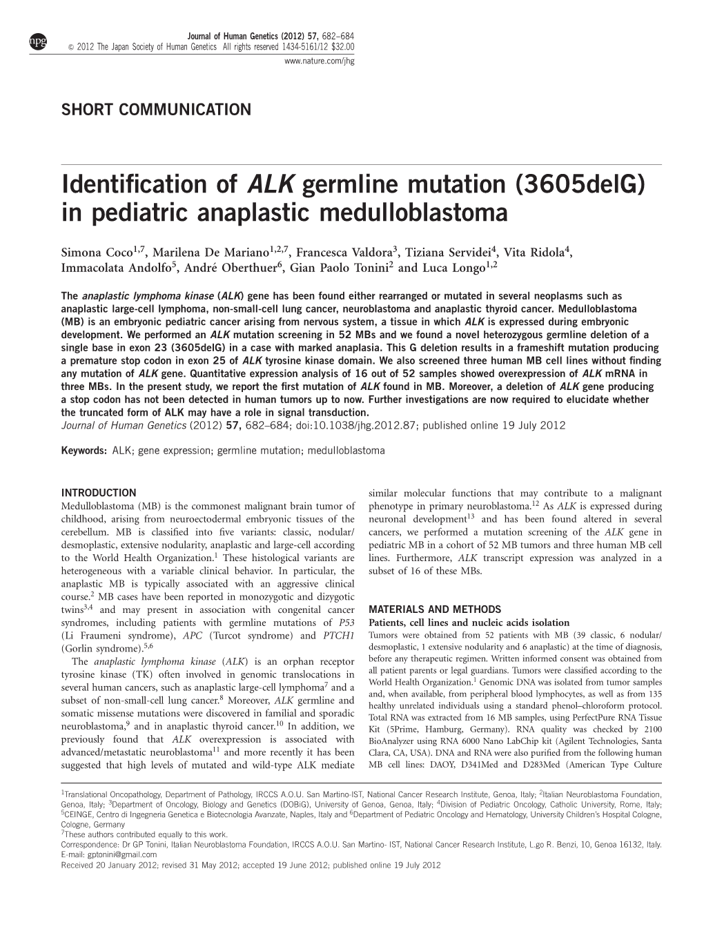 Identification of ALK Germline Mutation (3605Delg) in Pediatric Anaplastic