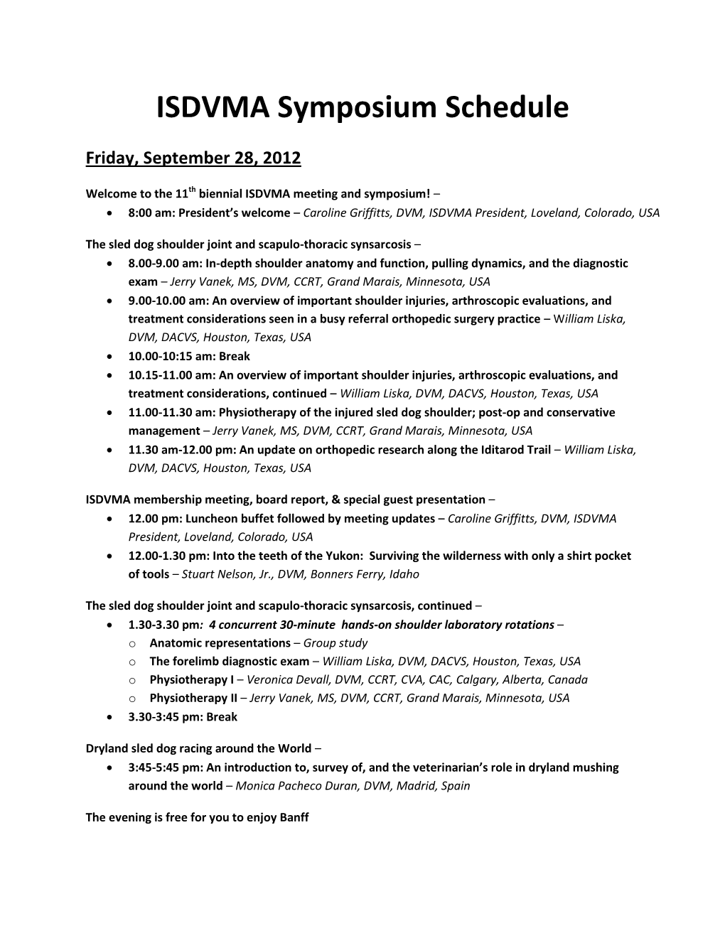 ISDVMA Symposium Schedule
