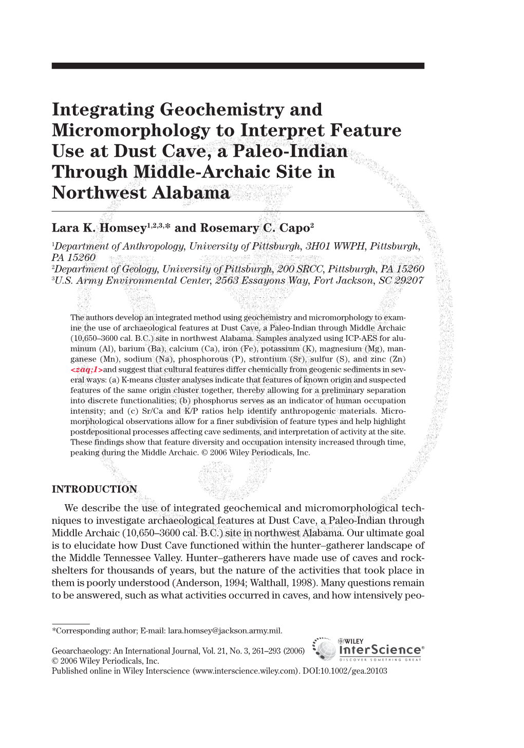 Integrating Geochemistry and Micromorphology to Interpret Feature Use at Dust Cave, a Paleo-Indian Through Middle-Archaic Site in Northwest Alabama