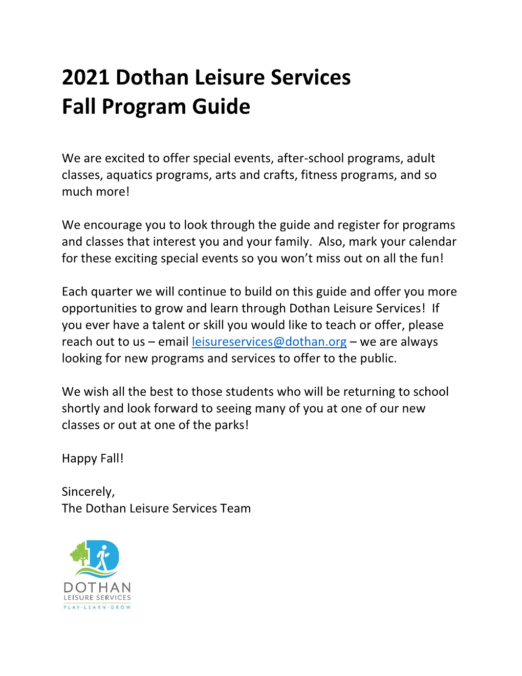2021 Dothan Leisure Services Fall Program Guide
