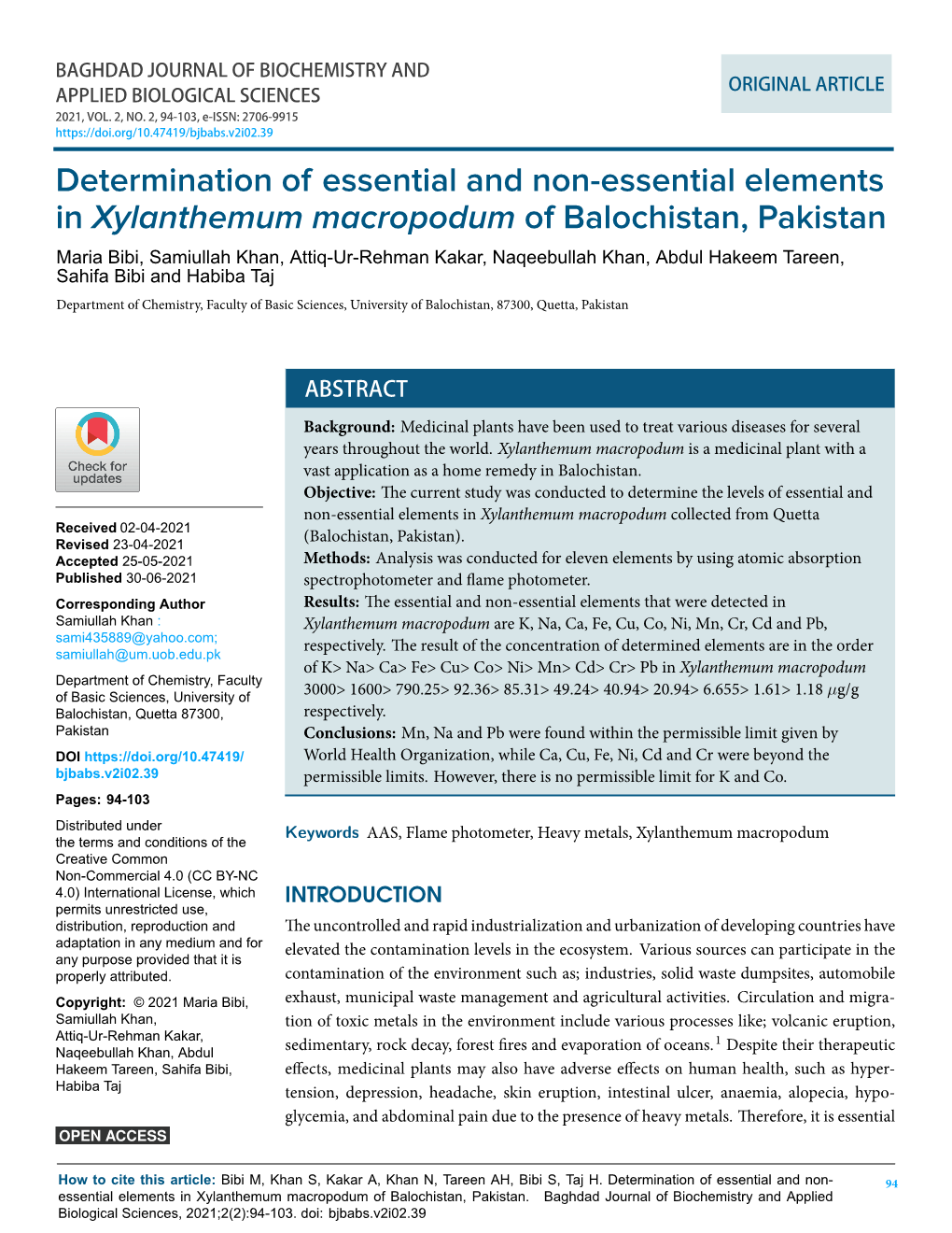 Determination of Essential and Non-Essential Elements in Xylanthemum Macropodum of Balochistan, Pakistan