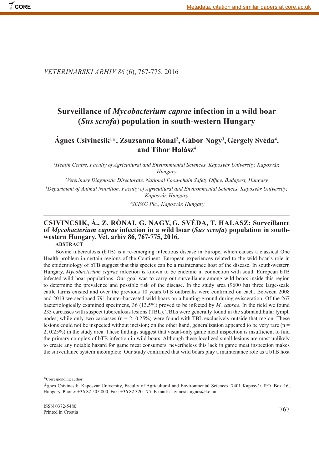 Surveillance of Mycobacterium Caprae Infection in a Wild Boar (Sus Scrofa) Population in South-Western Hungary