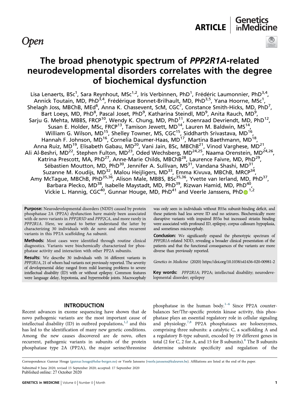 The Broad Phenotypic Spectrum of PPP2R1A-Related Neurodevelopmental Disorders Correlates with the Degree of Biochemical Dysfunction
