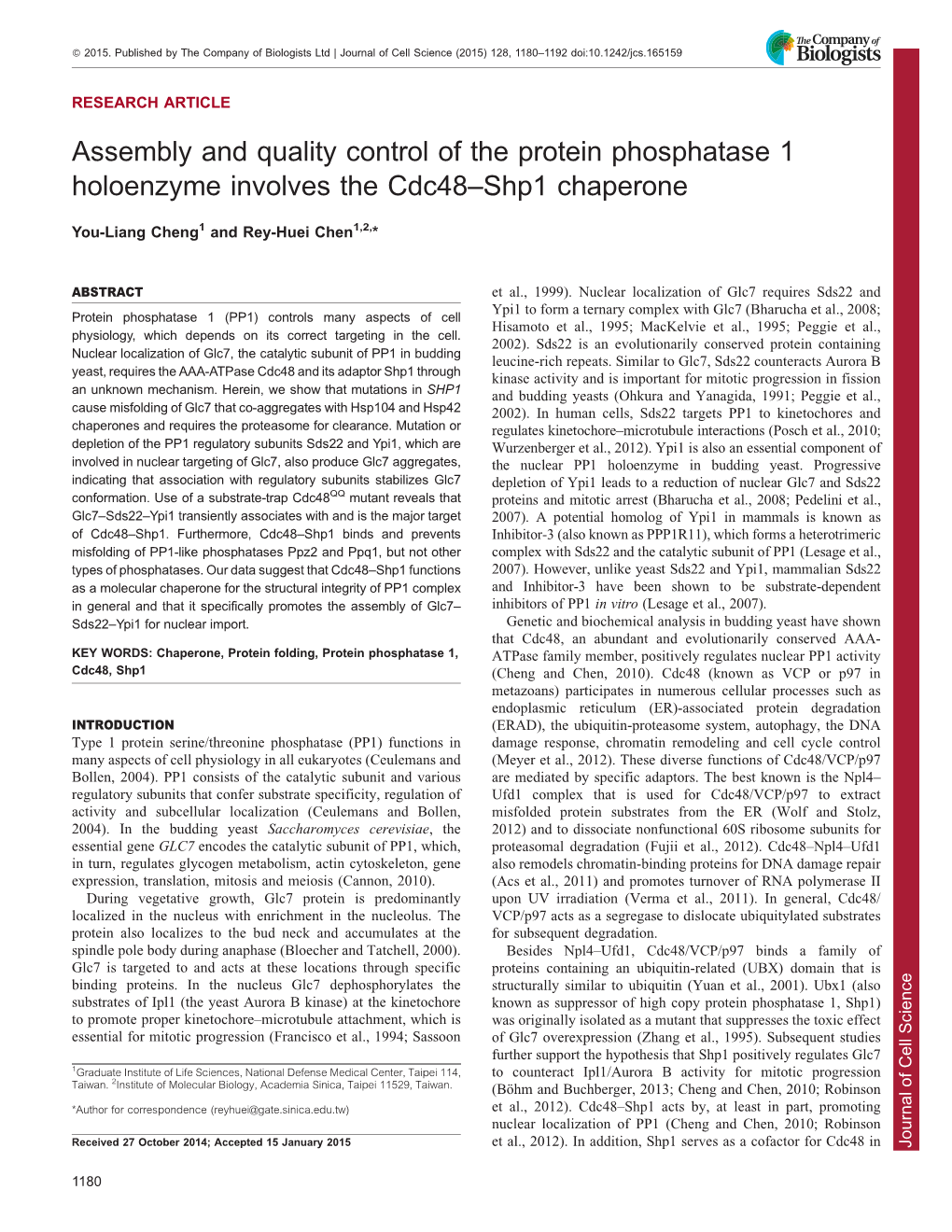 Assembly and Quality Control of the Protein Phosphatase 1 Holoenzyme Involves the Cdc48–Shp1 Chaperone