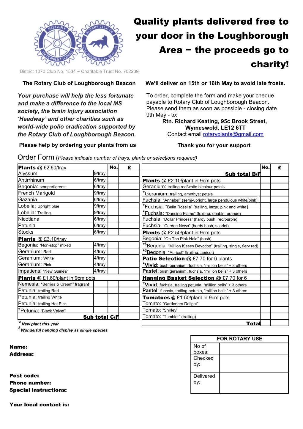 Order Form ( Please Indicate Number of Trays, Plants Or Selections Required)