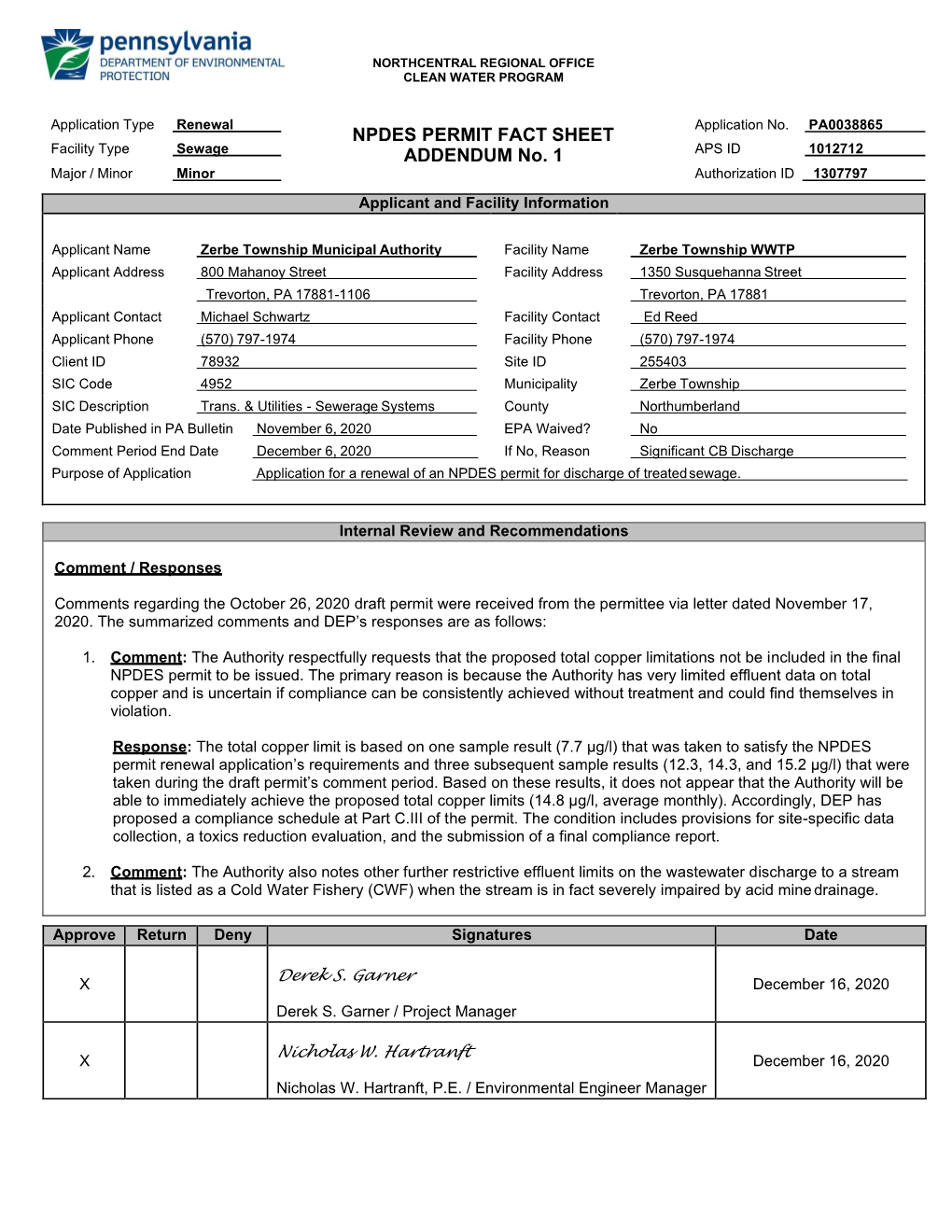 NPDES PERMIT FACT SHEET ADDENDUM No. 1