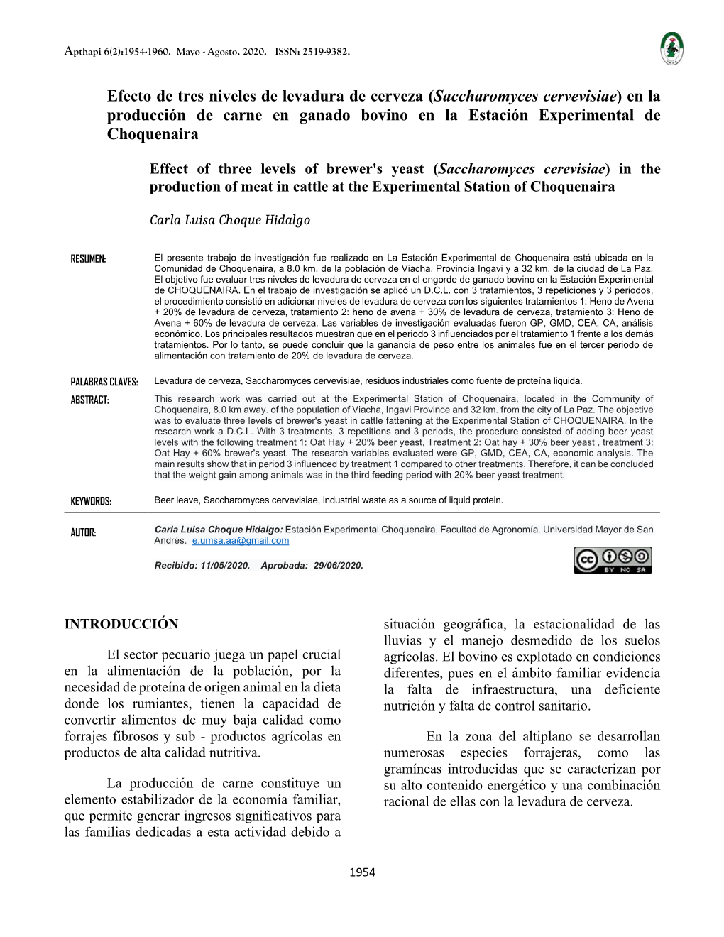 En La Producción De Carne En Ganado Bovino En La Estación Experimental De Choquenaira