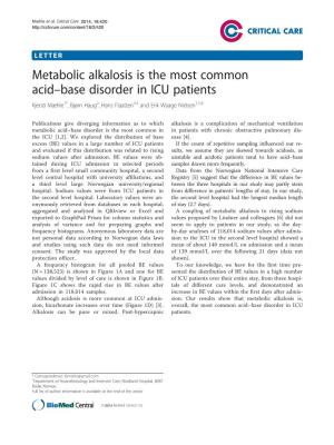 Metabolic Alkalosis Is the Most Common Acid-Base Disorder in ICU