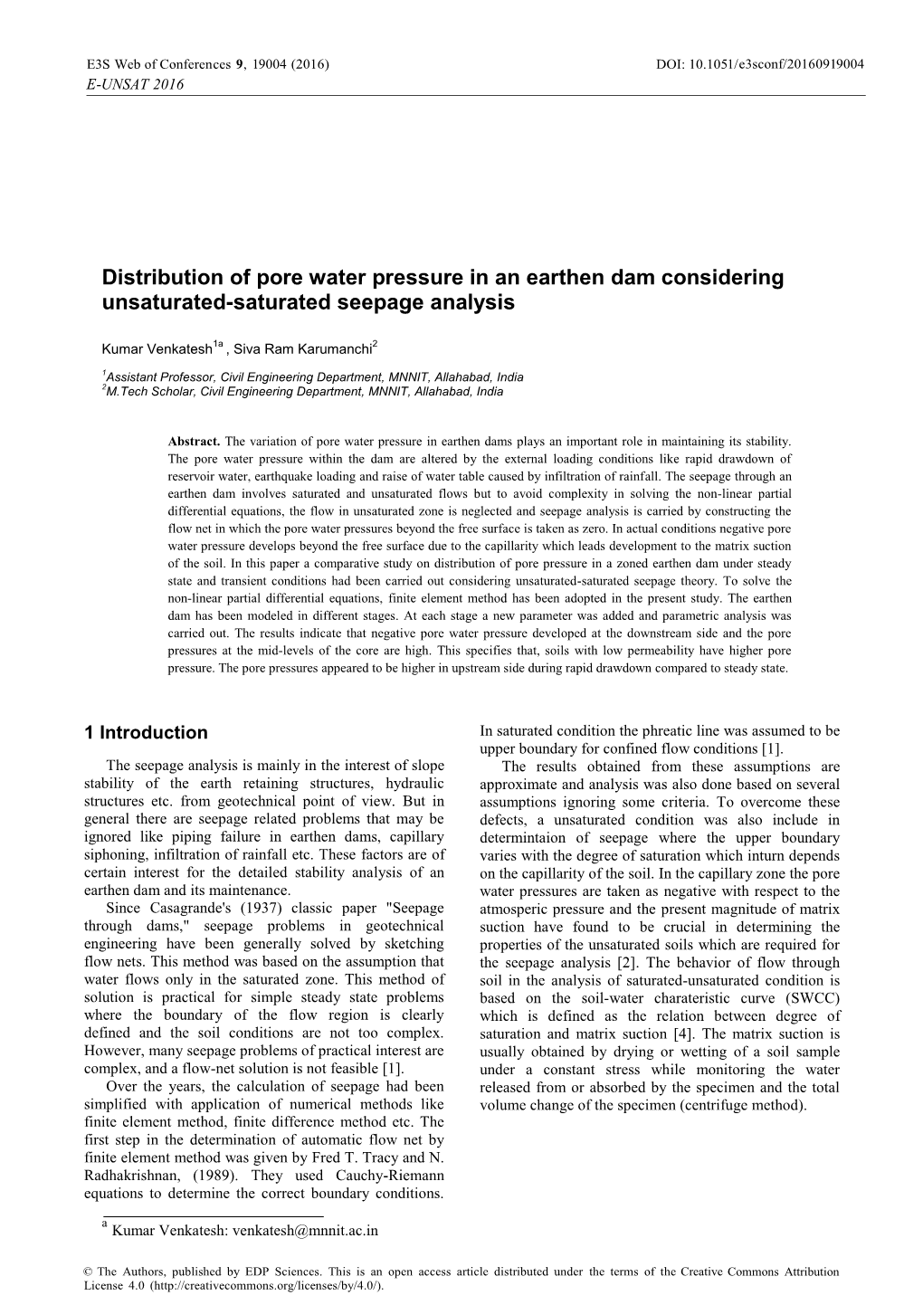 Distribution of Pore Water Pressure in an Earthen Dam Considering Unsaturated-Saturated Seepage Analysis