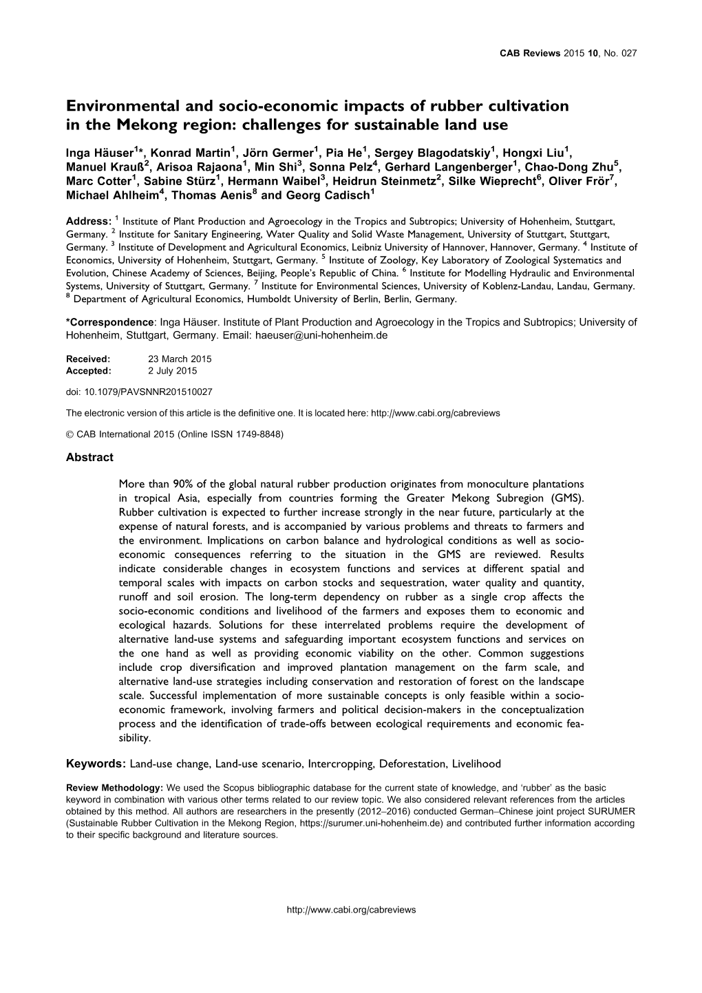 Environmental and Socio-Economic Impacts of Rubber Cultivation in the Mekong Region: Challenges for Sustainable Land Use