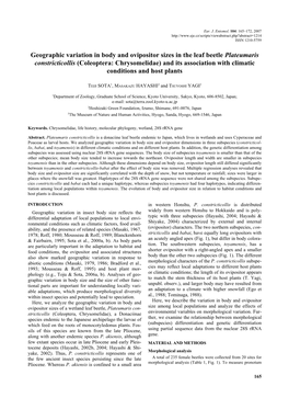 Geographic Variation in Body and Ovipositor Sizes in the Leaf Beetle Plateumaris Constricticollis (Coleoptera: Chrysomelidae) and Its Association with Climatic Conditions and Host Plants