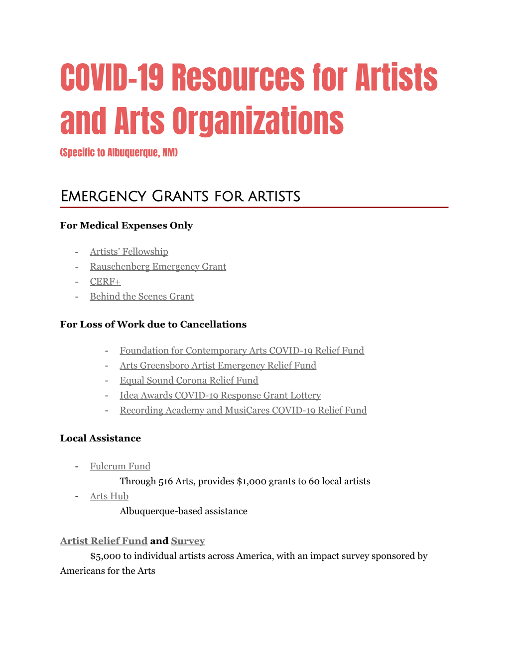 COVID-19 Resources for Artists and Arts Organizations (Specific to Albuquerque, NM)