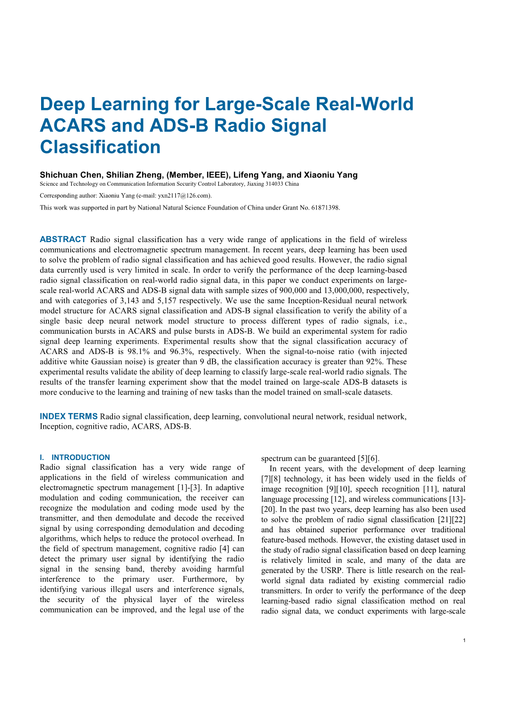 Deep Learning for Large-Scale Real-World ACARS and ADS-B Radio Signal Classification
