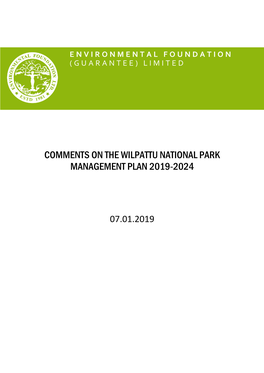 Comments on the Wilpattu National Park Management Plan 2019-2024