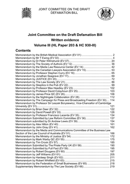 Joint Committee on the Draft Defamation Bill Written Evidence