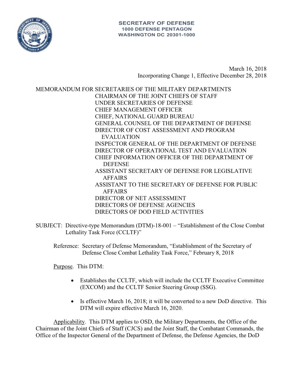 Establishment of the Close Combat Lethality Task Force (CCLTF)” - DocsLib