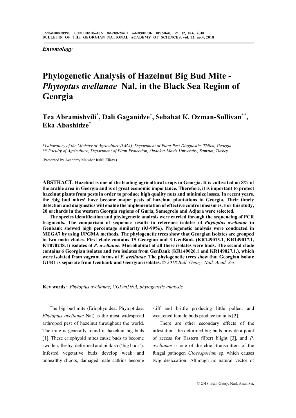 Phylogenetic Analysis of Hazelnut Big Bud Mite - Phytoptus Avellanae Nal
