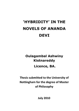 'Hybridity' in the Novels of Ananda Devi