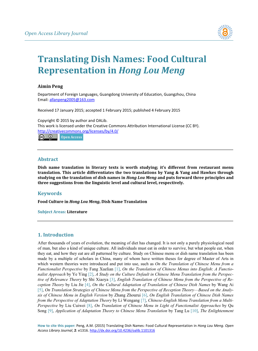 Translating Dish Names: Food Cultural Representation in Hong Lou Meng