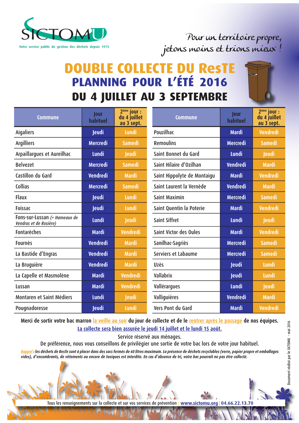 DOUBLE COLLECTE DU Reste PLANNING POUR L’ÉTÉ 2016 DU 4 JUILLET AU 3 SEPTEMBRE