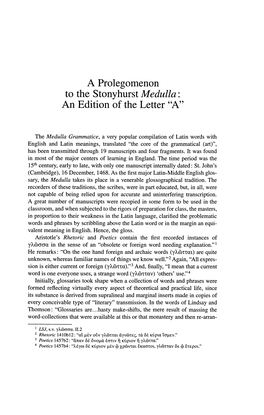 A Prolegomenon to the Stonyhurst Medulla : an Edition of the Letter “A”