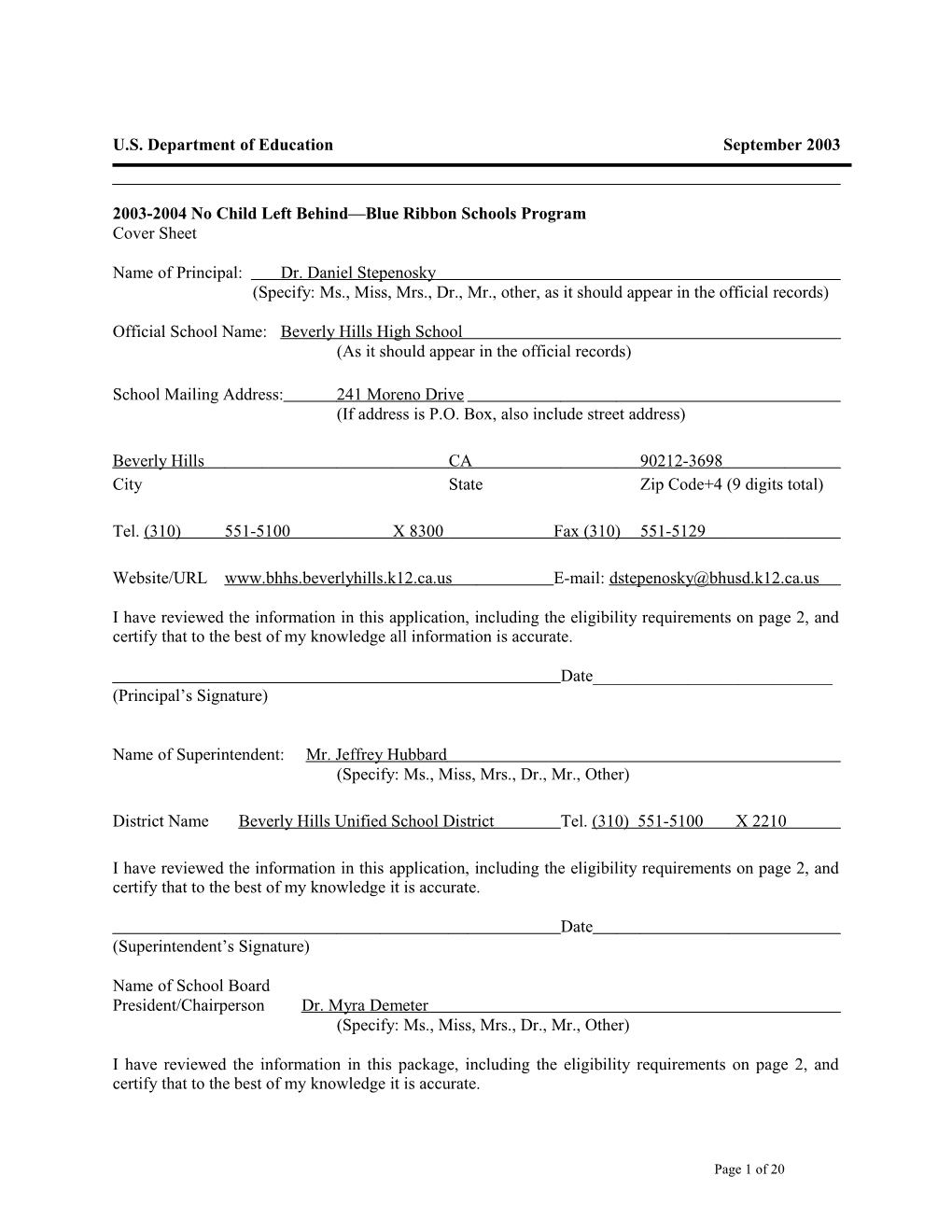 Beverly Hills High School 2004 No Child Left Behind-Blue Ribbon School Application (Msword)