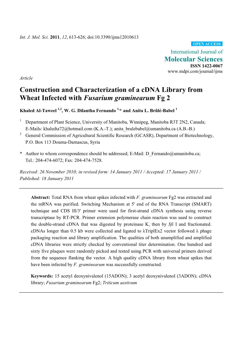 Construction and Characterization of a Cdna Library from Wheat Infected with Fusarium Graminearum Fg 2
