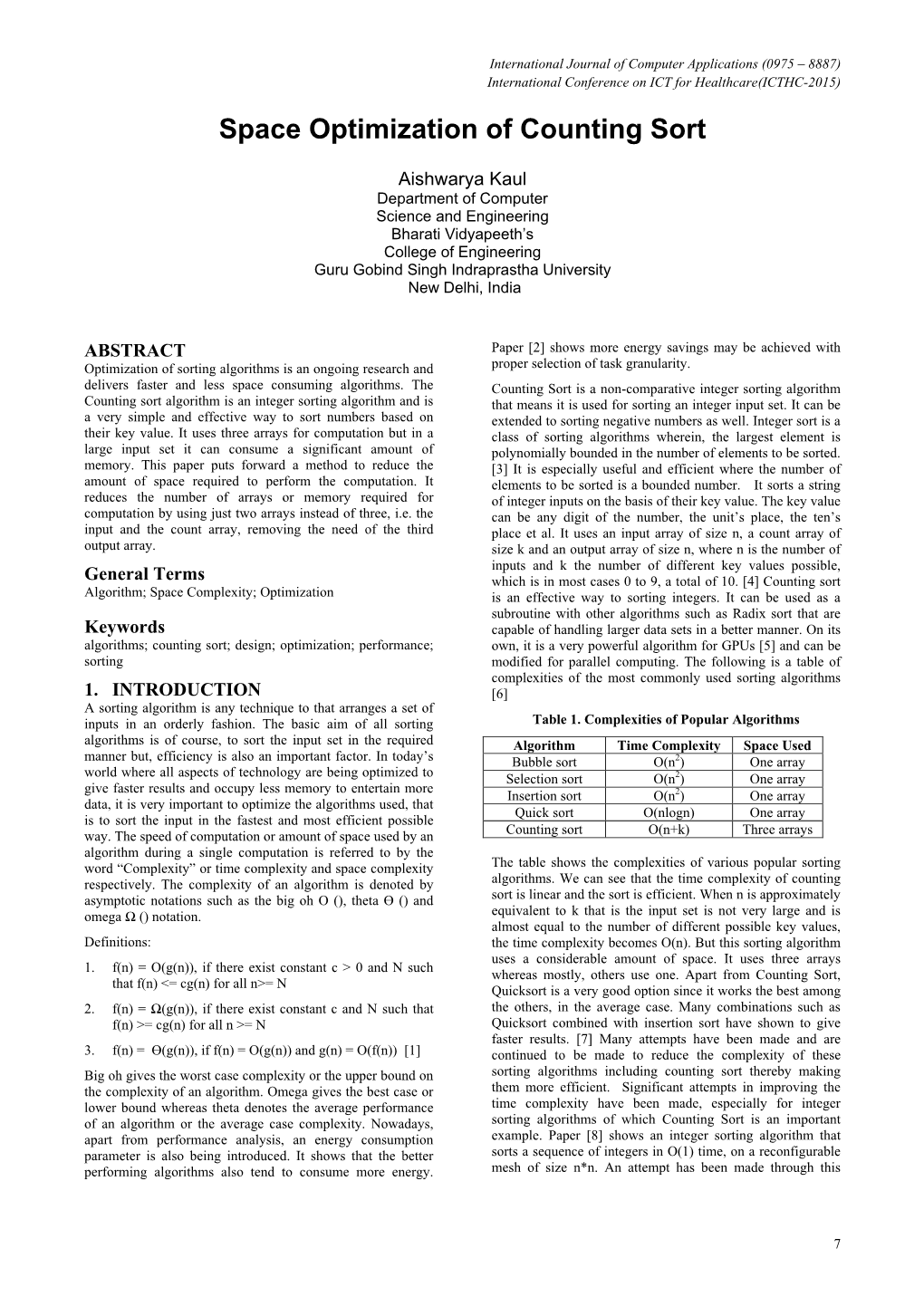 Space Optimization of Counting Sort