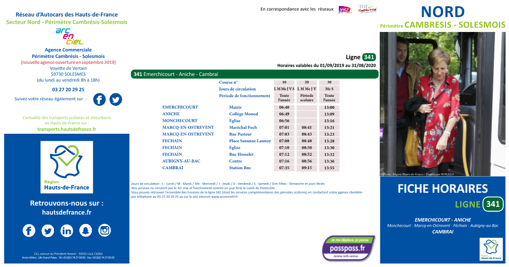 FICHE HORAIRES Par Téléphone Au 03 27 20 29 25 Ou Sur Le Site Internet