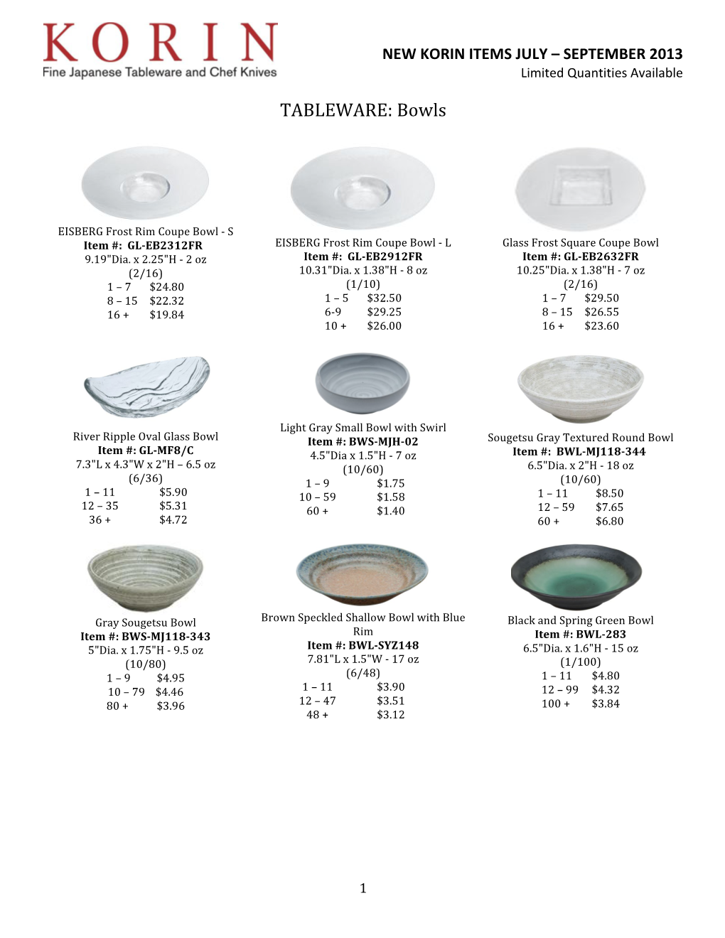 NEW$KORIN$ITEMS$JULY$–$SEPTEMBER$2013$ Limited'quantities'available' ' TABLEWARE:"Bowls" "