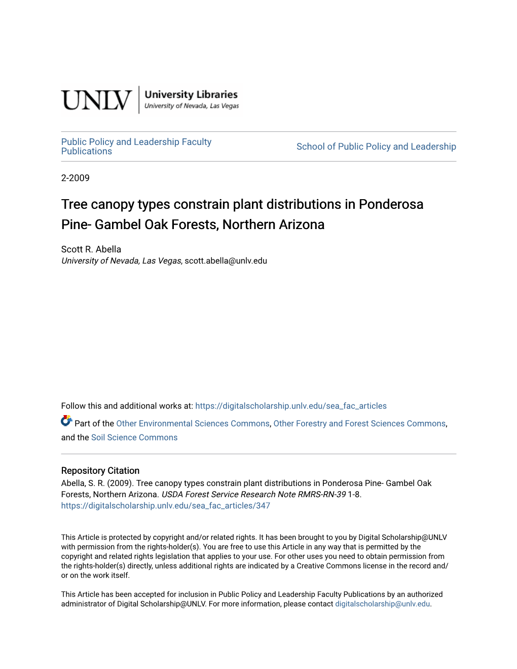 Tree Canopy Types Constrain Plant Distributions in Ponderosa Pine- Gambel Oak Forests, Northern Arizona