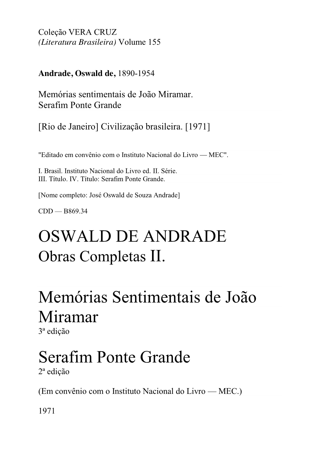 OSWALD DE ANDRADE Memórias Sentimentais De João Miramar