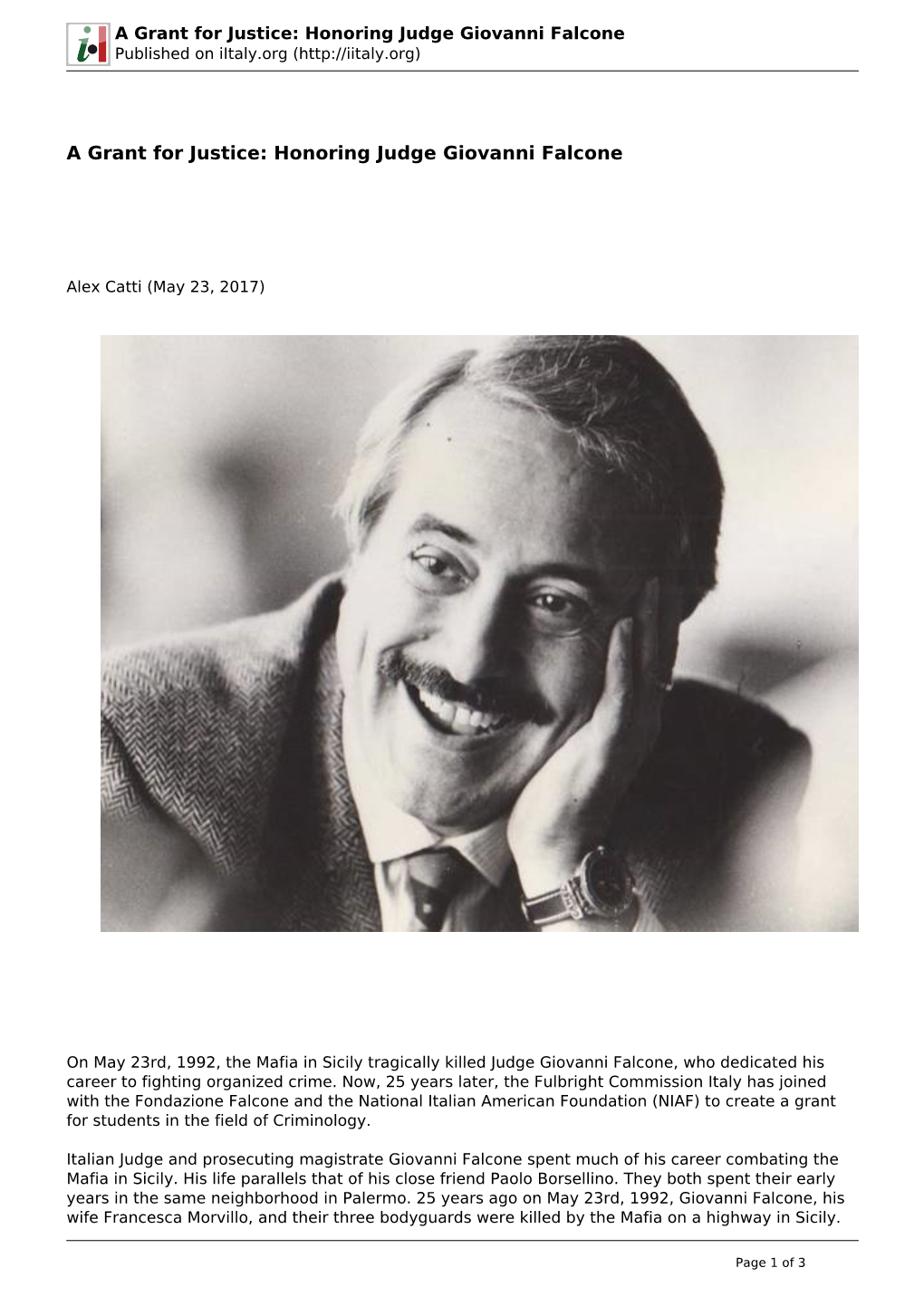 A Grant for Justice: Honoring Judge Giovanni Falcone Published on Iitaly.Org (