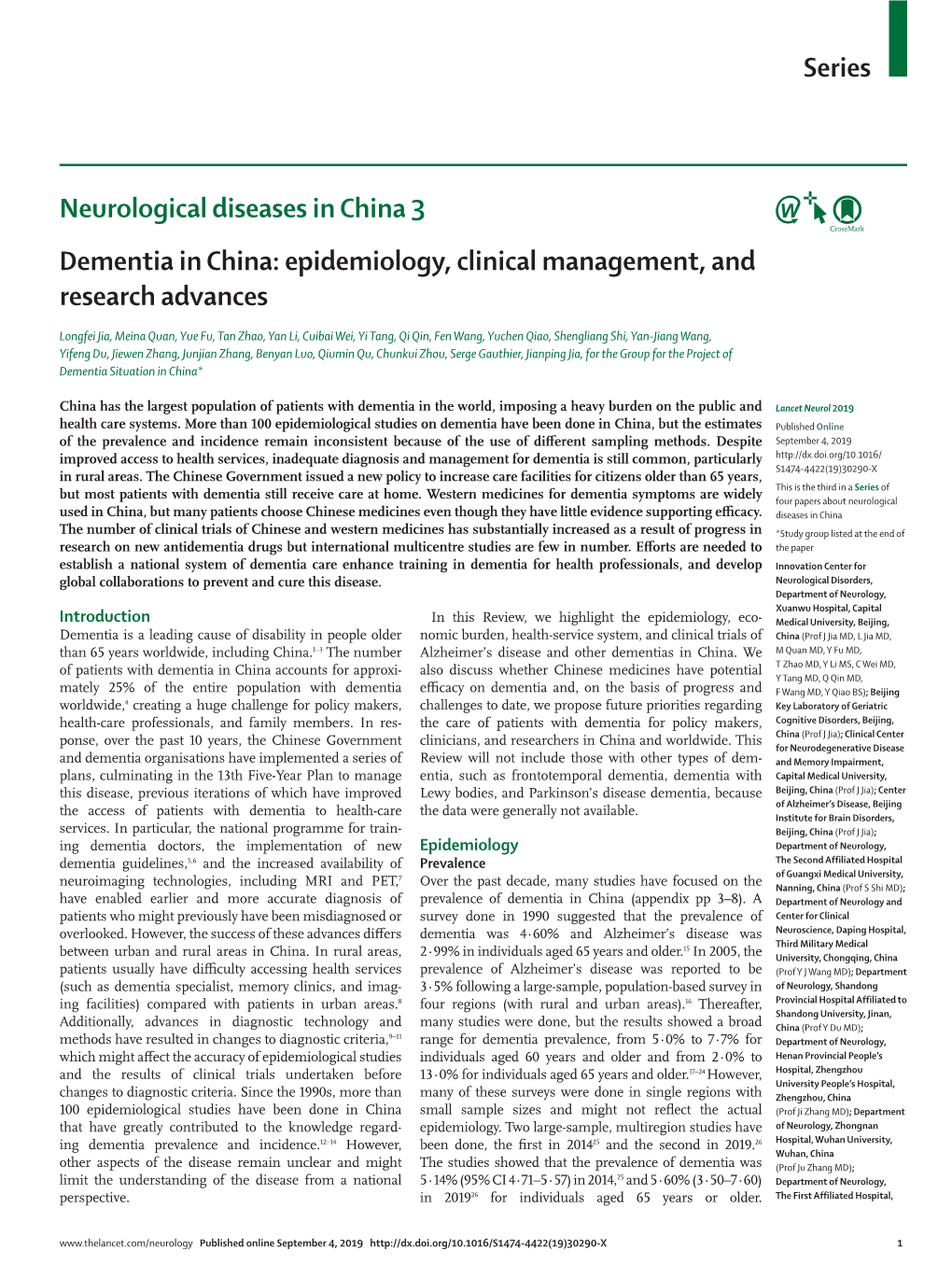 Dementia in China: Epidemiology, Clinical Management, and Research Advances